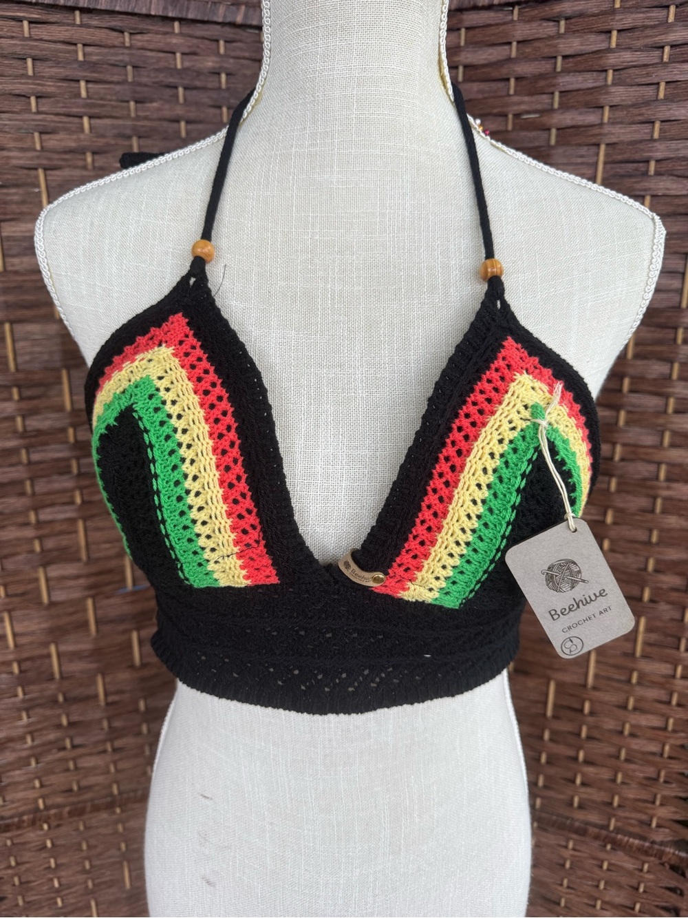 Beehive Handmade Crochet Black Rasta Stripe Crochet Crop Top/Bralette